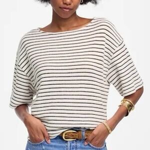 Madewell Embroidered Boxy Knit Stripe Tee Cream Brown Size Small NWT